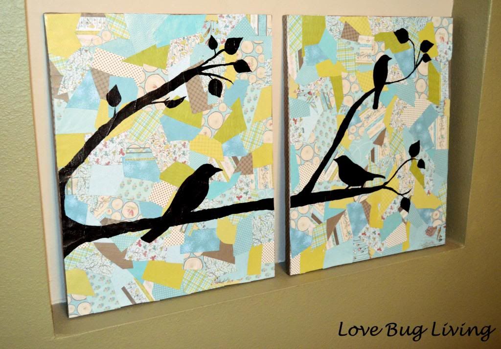 http://www.lovebugliving.com/2013/02/bird-collage-canvas-art.html