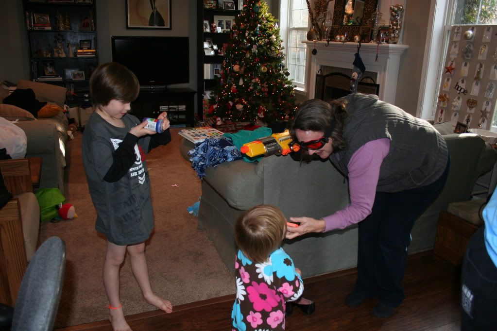 Grandma Ellie had fun with the new spy goggles and nerf blasters